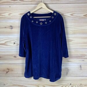 Quacker‎ Factory Top Womens 1X Blue Velour Rhinestone Grommet 3/4 Sleeve Blouse